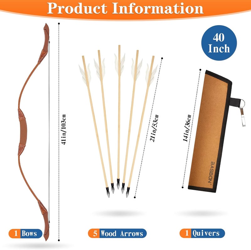 Basbon Youth Wooden Bow and Arrow Set, 40 Inch Archery Set Microfiber Leather-Wrapped, Handmade Toys Bow and Arrow Cosplay Costume Prop Games, 5 Feather Arrows (Rubber Tip), Gifts for Kids Boys Girls - Image 2